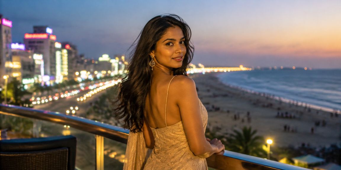 Bright neon view of Chennai Marina Beach at night