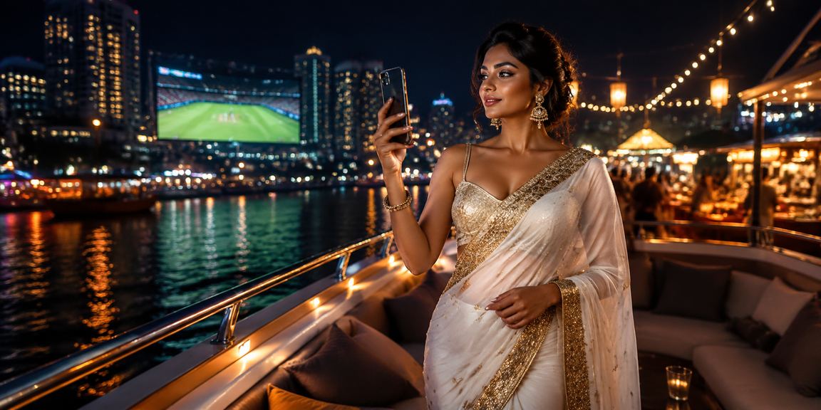 Indian woman enjoying cricket betting on mobile